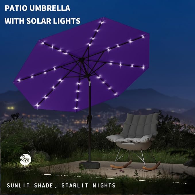 9FT Patio Umbrella with Solar Lights,Outdoor Market Umbrella with Tilt and Crank, LED Lighted Table Umbrella for Garden,Deck,Backyard,Pool,Beach
