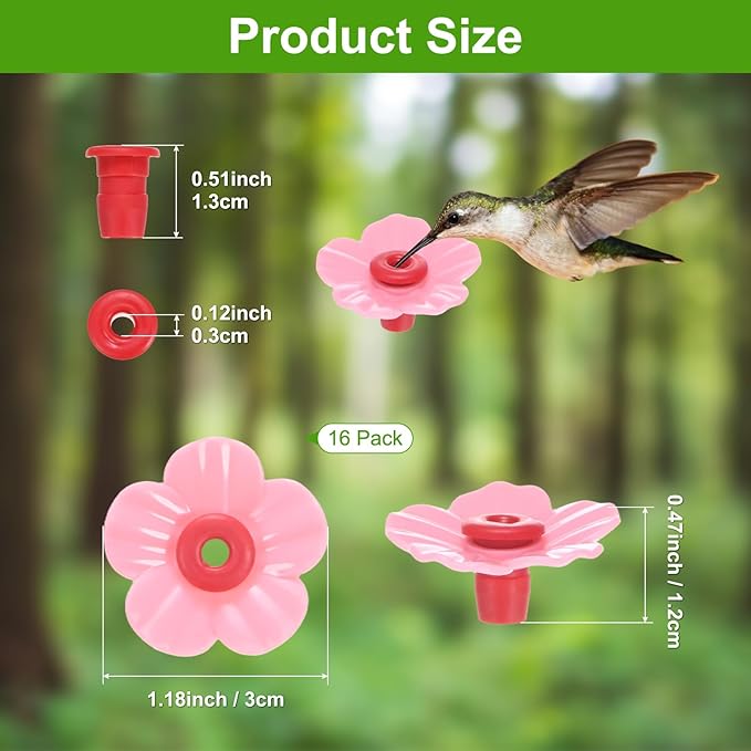 M METERXITY 16-Pack Hummingbird Feeder Replacement Flowers, Plastic Pet Hummingbird Feeding Parts Feeding Ports for Outdoor Hanging Feeders, Bees Guards [Pink]