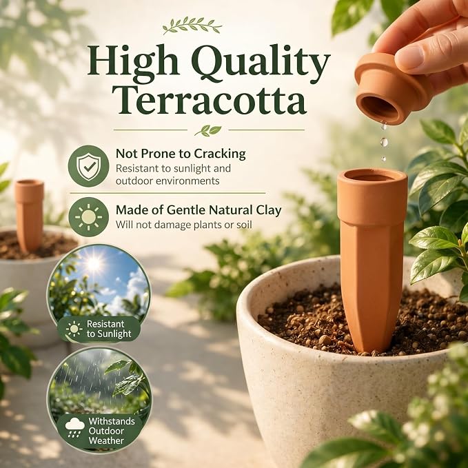 Honeydak 6pcs Large Terracotta Watering Spikes with Lids 7'' Automatic Plant Waterer Self Watering Stake Planter Insert Slow Release Device for Bottles 8-12'' Pot Plants Indoor Outdoor Garden Vacation