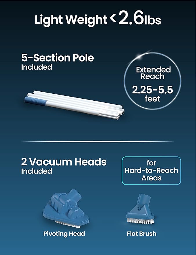 KOKIDO Cordless Handheld Pool Vacuum for Above Ground Pool, with 6ft Pole and 2 Vac Brush Heads, Ideal for Spot Clean Inground Pool Spa Hot Tub up to 20ft, Rechargeable, 60min, Sand and Debris XV110