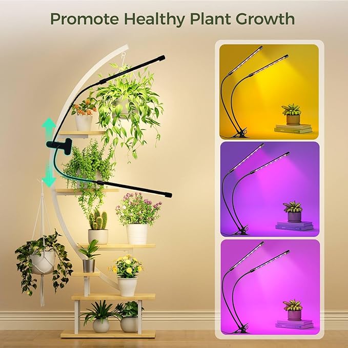 GREENSTELL Plant Stand with Grow Lights, Half Moon 7 Tiered Metal Plant Shelf , Multiple Tier Curved Ladder Flower Pot Stand Display Rack for Indoor Living Room Patio Garden Balcony White (1 Pack)