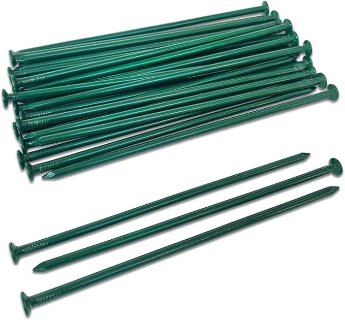 10 in Green Landscape Spikes & Metal Stakes 100 Pack- Heavy Duty Powder Coated Anchoring Nails for Landscape Edging, Timber, Tent, Border (10in 100pcs-b)