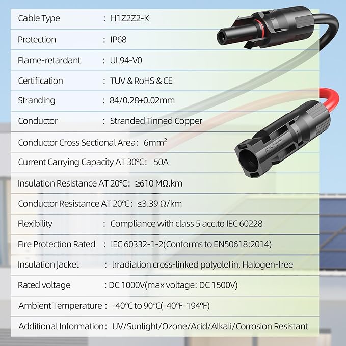 20FT 10AWG Solar Extension Cable, 10 Gauge Solar Panel Wire with Waterproof Female and Male Connectors for Outdoor RV, Off-Grid Photovoltaic Systems (Black+Red)