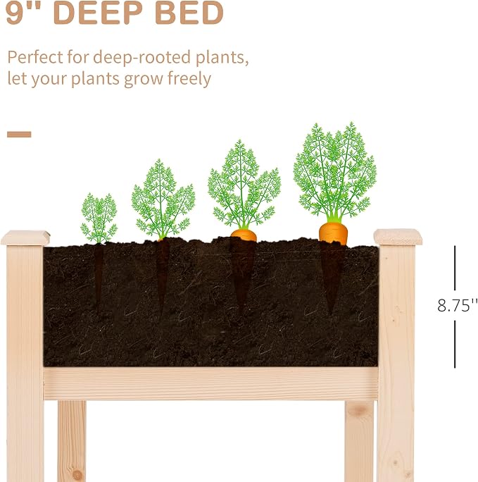 Outsunny Raised Garden Bed with Legs, 48" x 22" x 30", Elevated Wooden Planter Box, Self-Draining with Bed Liner for Vegetables, Herbs, and Flowers Backyard, Patio, Balcony Use, Natural