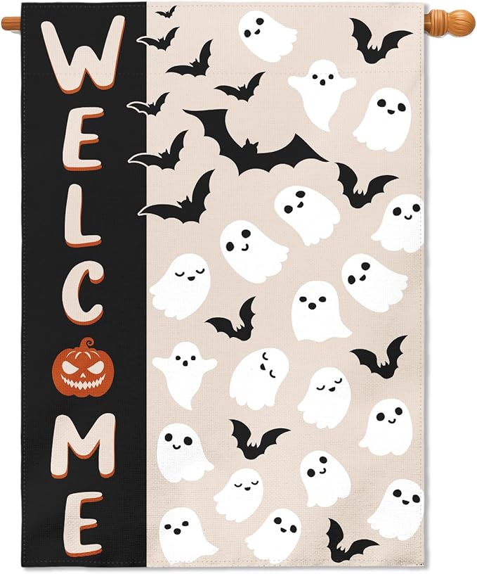 Halloween Welcome House Flag 28x40 Cute Ghost Bat Black Cream Holiday Theme Scary Halloween Decorative Garden Flags for Outside Double Sided Outdoor Home Farmhouse Decoration Yard Porch Decor