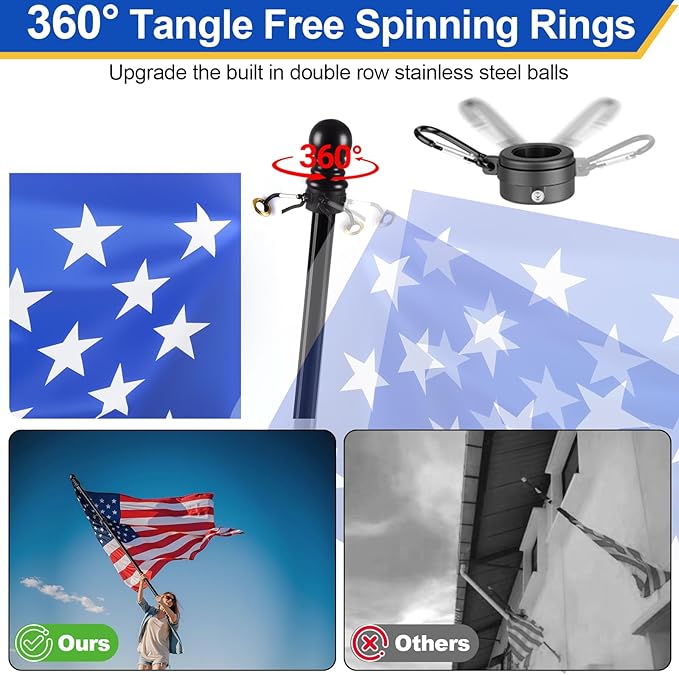 Flag Pole for Outside House, Heavy Duty Metal Flagpole for Residential, Outdoor or Porch, Stainless Steel Flag Poles, Upgraded Tangle Free Design, 1 Inch (6 FT, Black)
