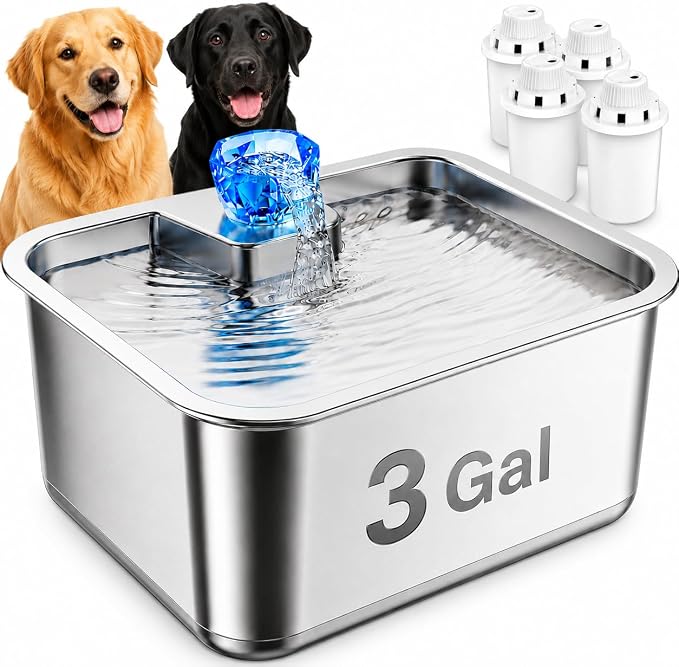 3 Gallon Large Dog Water Fountain, Stainless Steel Pet Water Fountain for Large Dogs, Automatic Big Dog Water Bowl Dispenser Drinking with 4 Filters, Easy to Clean, Quiet Pump