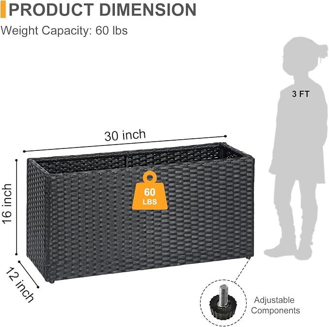 SUNNYPARK Black Rectangular Planter Box All-Weather PE Rattan Large Modern Planters with Removable Liner Indoor Outdoor Decorative Flower Pot for Patio, Balcony, Garden
