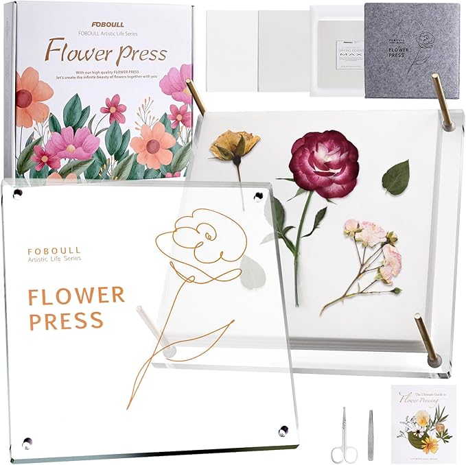 Foboull 10" x 10" Acrylic Flower Pressing Kit with Storage Bag and Detailed Instructions, Gift Flower Pressing Kit for Adults, DIY Plant Preservation