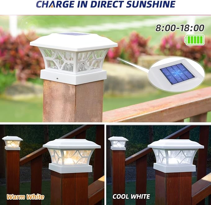 APONUO Solar Post Cap Lights 12 Pack with 1000mAh Battery - for 4x4 5x5 6x6 Fences, Larger Size & Longer Lasting, 2-Mode, IP64 Waterproof, for Deck Patio Yard (White)