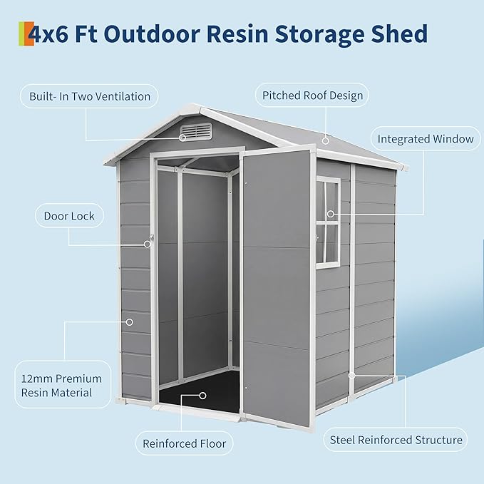 Resin Outdoor Storage Sheds 4x6 ft, Upgraded Double-Wall Outdoor Plastic Shed with Window & Double Doors, Waterproof Lockable Garden Shed (Light Gray, 4 X 6 ft)