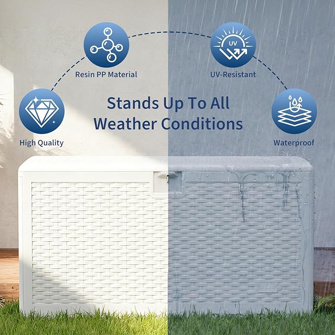 73 Gallon Waterproof Large Resin Deck Box Indoor Outdoor, Lockable Storage Container for Patio Furniture Cushions, Throw Pillows, Garden Tools, and Pool Floats, White 44.5"L * 21.1"W * 22"H