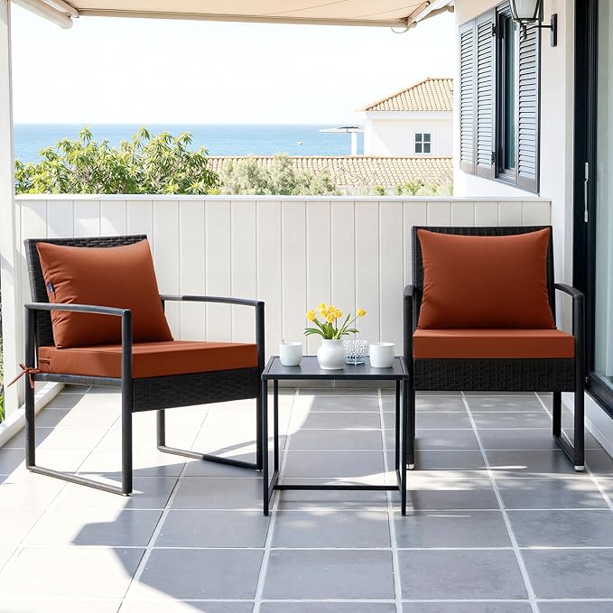 MIULEE Burnt Orange Outdoor Seat Cushion Set 24x24 Inch Linen Textured Waterproof & 3 Year Color Fastness Seat and Back Cushion with Ties No Slip Design for Patio Furniture Chair Sofa Couch