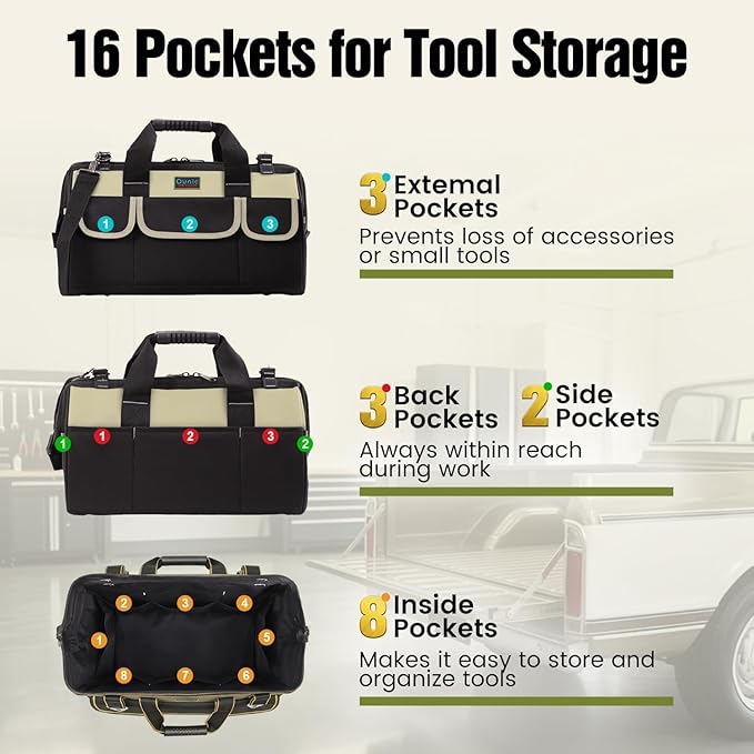 Tool Bag, Ounic 18 Inch Large Tool Tote Bag Heavy Duty With Waterproof Molded Base, Wide Mouth Tool Box Organizer with Adjustable Shoulder Strap for Electrician Mechanic Craftsman Plumbers(Coffee)