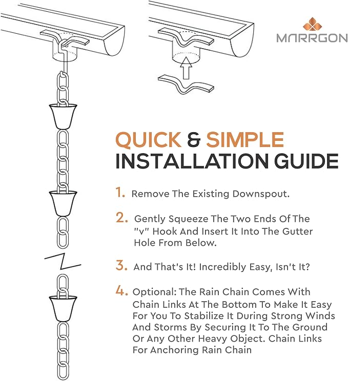 Copper Rain Chain – Decorative Chimes & Cups Replace Gutter Downspout & Divert Water Away from Home for Stunning Fountain Display – for Universal Fit