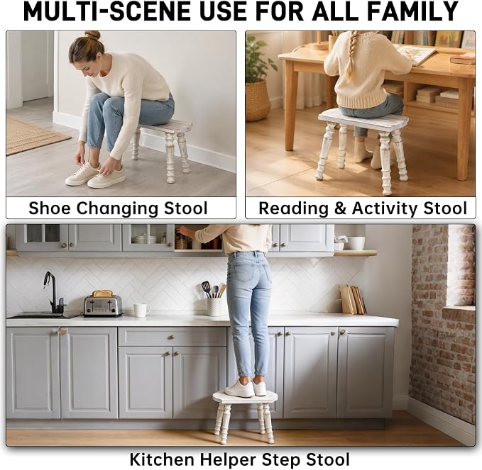100% Solid Wooden Stool, Farmhouse Wood Step Stool for Adults, Rustic Plant Stool, Vintage Small Stools for Bathroom, Kitchen, Bedroom, Plant Stand, Home Decor