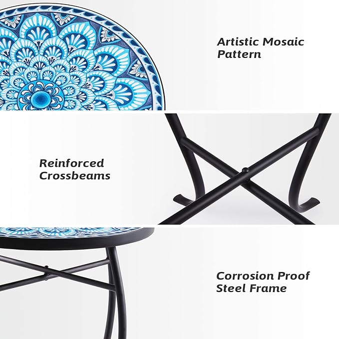 VONLUCE Mosaic Side Table and Plant Stand, 21" Round End Table with 14" Ceramic Tile Top, Indoor & Outdoor Accent Table, Porch Patio Furniture, Entryway & Coffee Table for Home & Garden, Blue Mandala
