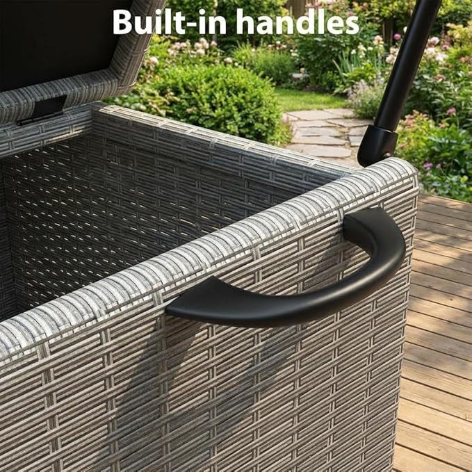 125 Gallon Outdoor Wicker Deck Box, All-Weather Waterproof Patio Storage with PE Rattan Finish & Steel Frame, for Cushions, Garden Tools, Pool Supplies, Lockable Gray Storage Box with Soft-Close Lid