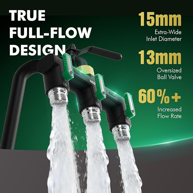 Restmo 3 Way Garden Hose Splitter Heavy Duty 100% Metal Body, Full Flow Design with Oversized Ball Valve, Outdoor Faucet Spigot Adapter with Extended Levers, 3/4" GHT Thread - Green
