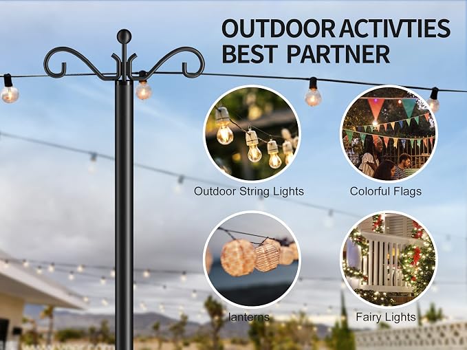 Flanagan String Light Poles 2-Pack,9FT Poles for Outdoor String Lights,Adjustable Metal Light Pole Stand, Light Poles with Hooks & 5-Prong Spiral Sturdy Anchor for Garden, Weddings and Parties