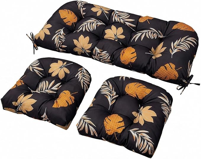 Wicker Chair Cushions Set, 2 U-Shaped Cushions & 1 Loveseat, Waterproof Outdoor Loveseat Cushion for Patio Furniture, Settee Bench Pad All Weather,YellowLeaf