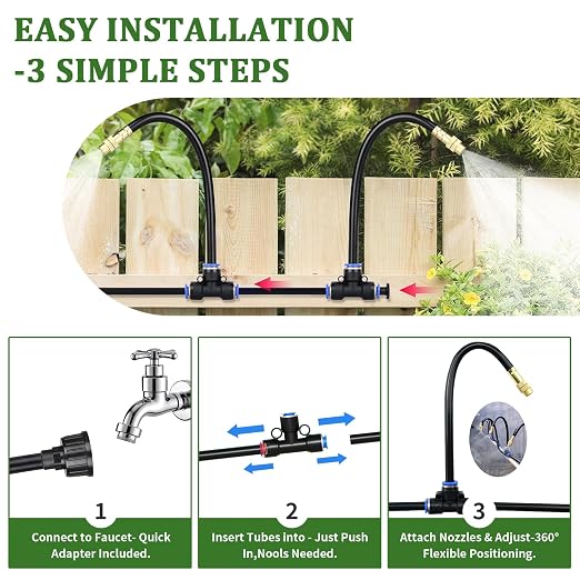 100Ft 1/4” Drip Irrigation System – Drip Irrigation Kit & Garden Watering Kit with 16 Pcs 360° Adjustable Copper Nozzles, Automatic Mist Spray for Raised Bed, Lawn, Garden & Potted Plants