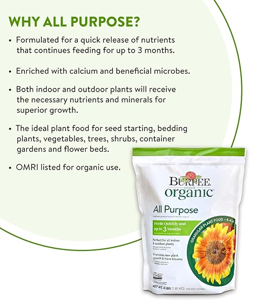 Burpee Natural Purpose Granular 4-Lb Organic Food for Growing Strong Plants | Good for Vegetable Garden, Flower Garden & Seed Starting, 4 lb, 4lb. Bag