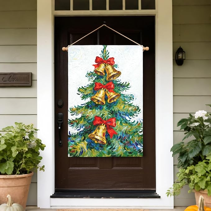 Christmas House Flag 28x40 Inch Green Yellow Red Xmas Tree Bell Bowknot Winter Holiday Decorative Garden Flags for Outside Double Sided Seasonal Outdoor Home Farmhouse Decoration Porch Yard Decor