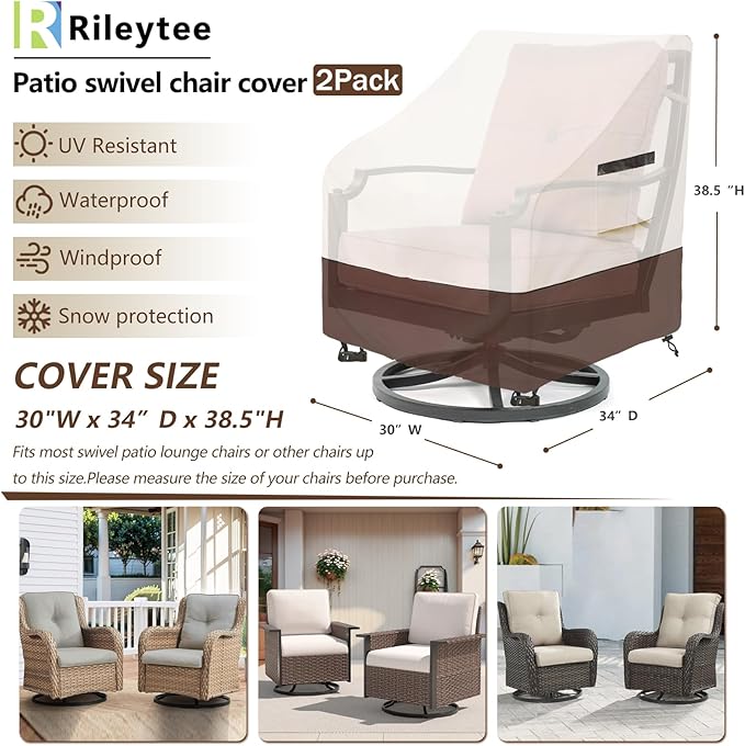 Rileytee Outdoor Swivel Chair Cover 2 Pack,Outdoor Furniture Patio Chair Covers Waterproof Clearance, Lawn Patio Furniture Covers,30" W x 34" D x 38.5" H,Beige & Brown