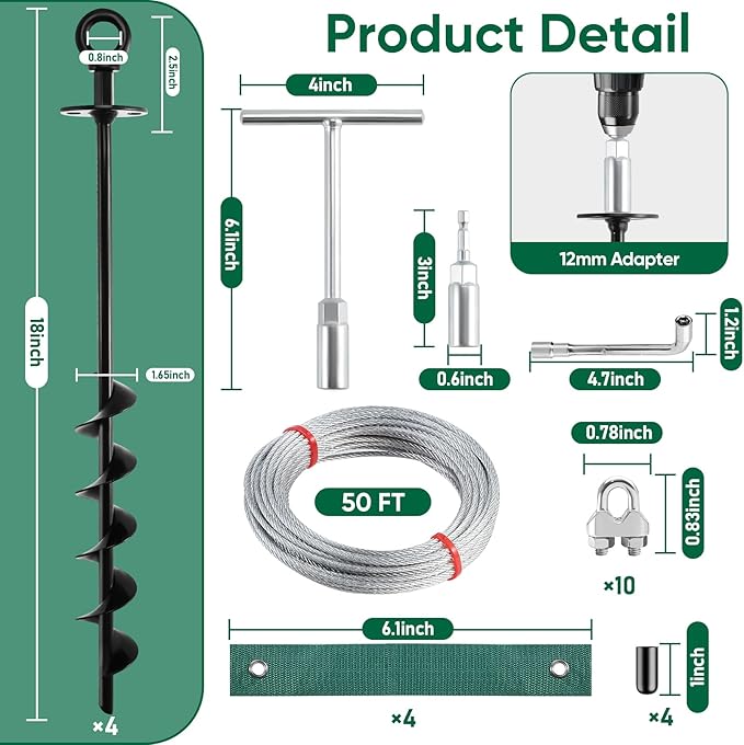18'' Ground Anchors Screw in Heavy Duty, Shed Anchor Kit with Straps & Steel Cable & Tools, Earth Anchors for Mobile Home, Carports, Swing Set, Tree, Trampoline - Secure Against High Winds(4)