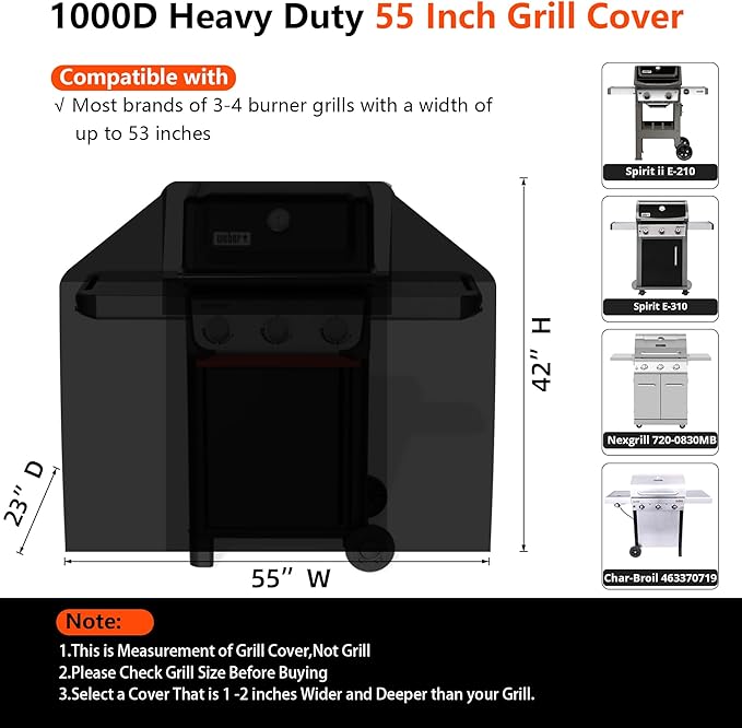 [Upgraded 1000D Heavy Duty Fabric] 55" Grill Cover for Outdoor Grill, Waterproof, Tear & Fade Resistant BBQ Cover with Buckle & Air Vent, Gas Grill Cover for 3-4 Burner Weber Nexgrill Char-Broil Grill