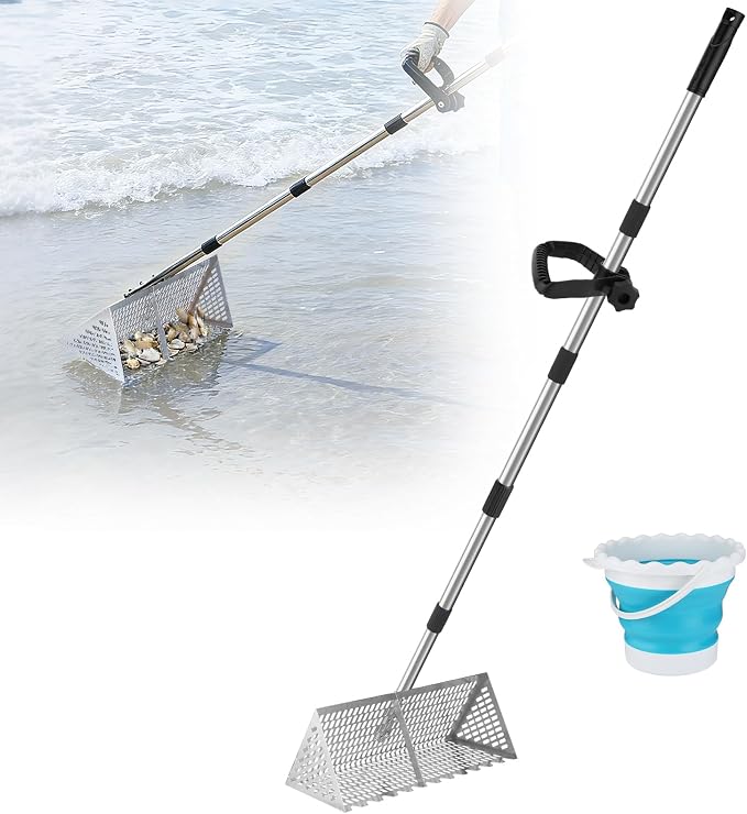 69in Effortless Sand Flea Rake - Stainless Steel Shark Tooth Sifter with Bucket, Sands Sifter Shelling Tools for Beach Metal Detecting Beachcombing