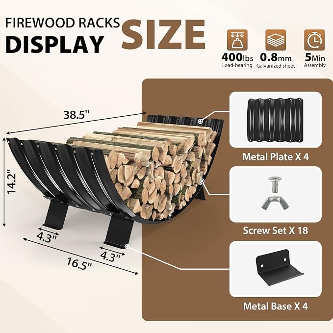 TBMLC 40 inch Diameter Sector Firewood Rack Storage -0.8MM Thick Galvanized Steel with Wave Pattern & 4 Stable Feet, Black Coated for Indoor/Outdoor Wood Storage (3.3FT Diameter)
