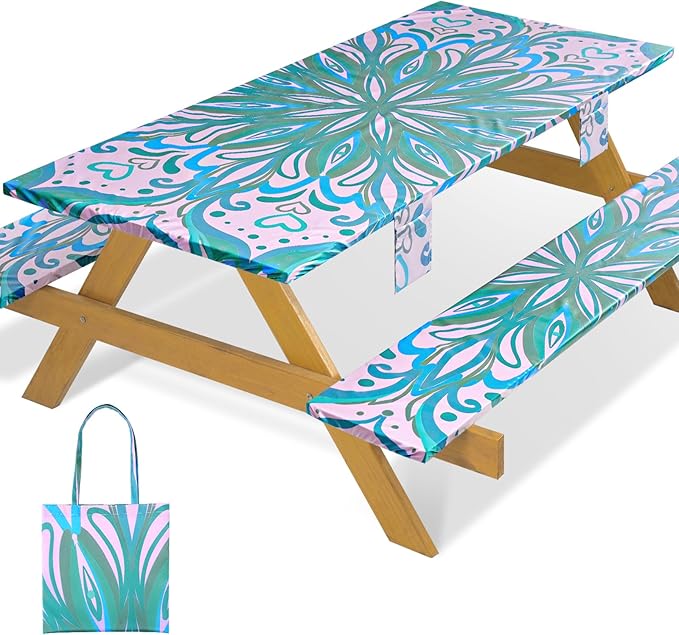 Fitted Waterproof Picnic Table Cover with Bench Covers Elastic Polyester 72in Camping Tablecloths for 6Foot Rectangle Tables Summer Fall Glamping Roadtrip Stuff Festival Vacation Items Gift
