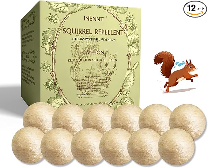 All-Natural Squirrel Repellent 12 Pcs for Outdoor & Indoor Use – Powerful Chipmunk & Rodent Deterrent for Attic, Garden, Cars, and Bird Feeders – Safe for Pets, Lasting 30-60 Days Protection