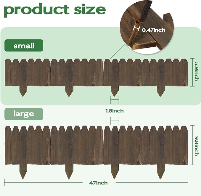 Wood Garden Edging for Landscaping – Flat Panel Fence Border for Flower Beds, Decorative Wooden Stakes for Lawn & Pathway, Durable Natural Wood Design for Outdoor Use, 5.9 in H x 4.0 ft L (10PACK)