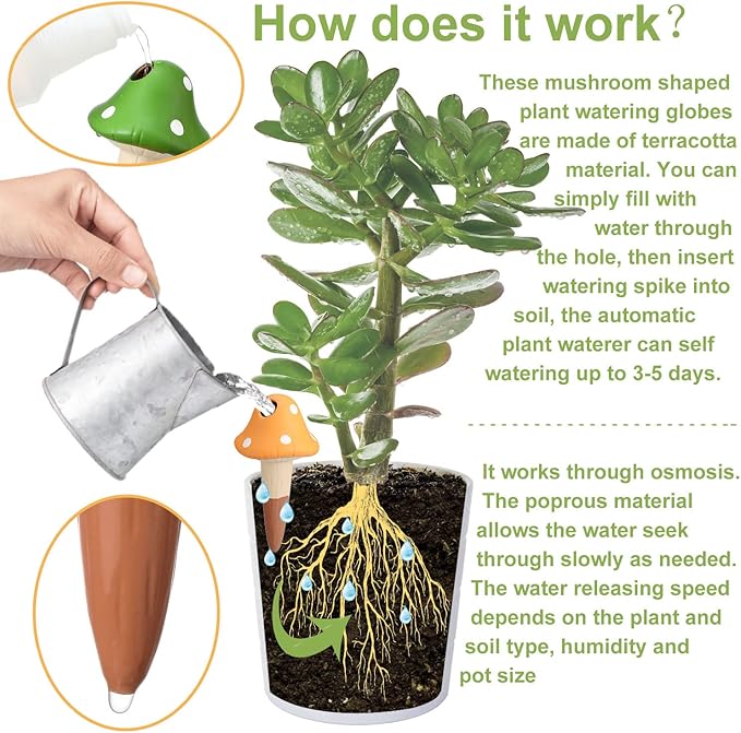 8 Pcs Plant Self Watering Spikes Mushroom Watering Globes Planter Insert Terracotta Plant Watering Devices Automatic Self Water Stakes Garden Waterer for Indoor Outdoor