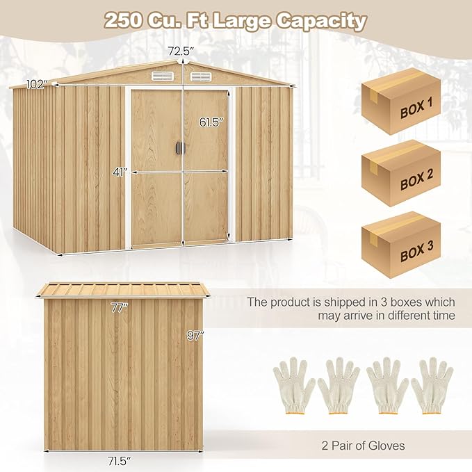 Goplus 8' x 6' Woodgrain Outdoor Storage Shed, Galvanized Metal Tool House Organizer w/Base Floor, 4 Vents, Lockable Doors, Waterproof Garden Sheds & Outdoor Storage for Backyard, Lawn, Patio