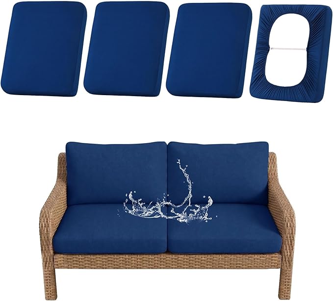 hyha Waterproof Outdoor Cushion Covers for Patio Furniture, Stretch Patio Chair Cushion Slipcovers, Coated UV Resistant Replacement Seat Covers, Solid Color (Navy, 4PC)