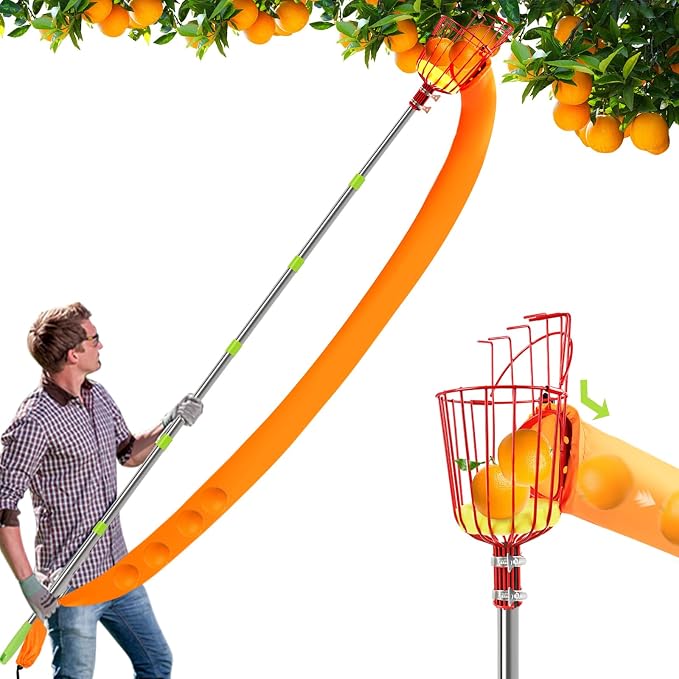 UQM 12.8FT Fruit Picker Pole with Basket Harvest Bag, 40-154 Inch Adjustable Length Apple Picker Pole with Basket, Portable Fruit Picker Basket for Apples Oranges Figs Mangoes Pears