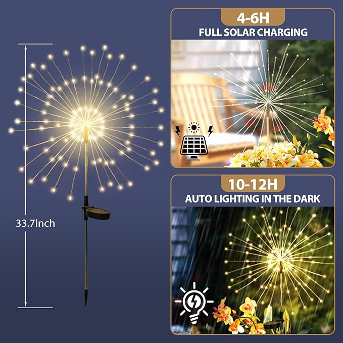 DONGULI Outdoor Solar Garden Lights, 120 LEDs 8 Lighting Modes Waterproof Solar Fireworks Light Sparklers for Patio Walkway Yard Courtyards Pathway Christmas Party Decorations, Colorful(2 Pack)