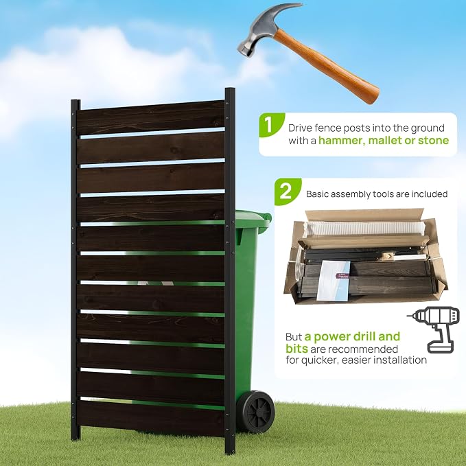 38"W x 61"H (1 Panel) No Dig Wood Privacy Screen Outdoor Privacy Fence Panel for AC Unit Trash Can Pool Equipment Enclosure Decorative Patio Privacy Wall Screen with Metal Posts & Stakes (Dark Brown)