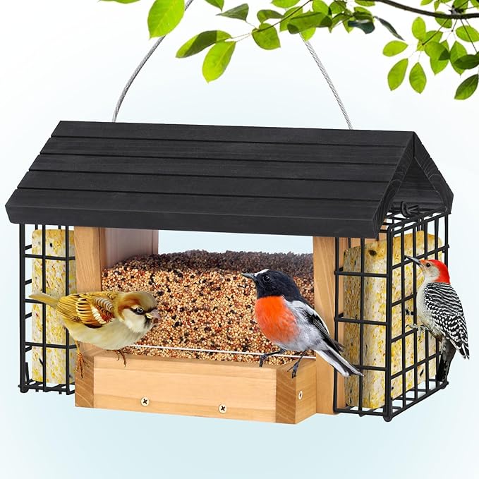 Gbekery Hopper Bird Feeder for Outdoors Hanging, Wooden Bird Feeder with Double Suet Cage and Large Seed Capacity, Cedar Wood Suet Feeder with Weatherproof Roof, Garden Decoration