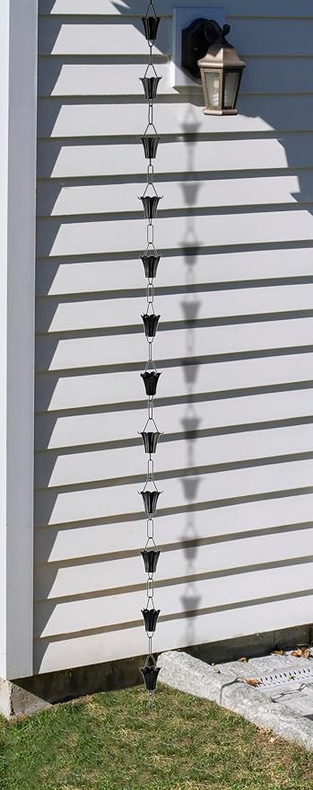 Fluted Flower Black Aluminum 8.5 ft. Rain Chain with Gutter Installation Clip by Good Directions