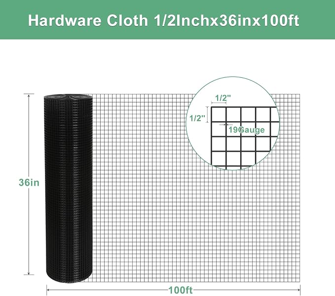 Galvanized Black Vinyl Coated Hardware Cloth | 1/2 Inch Mesh 19 Gauge 36"x100' | Rust & Corrosion Resistant, Easy Install for Chicken Fencing, Garden Fence, Tree Guard, Gopher Wire