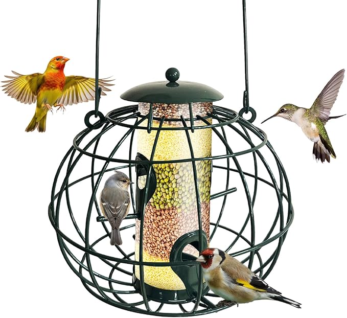 Squirrel Resistant Bird Feeder - Outdoor Hanging Wild Bird Feeder, Weatherproof Metal Tube Feeder for Finches & Small Birds, Green