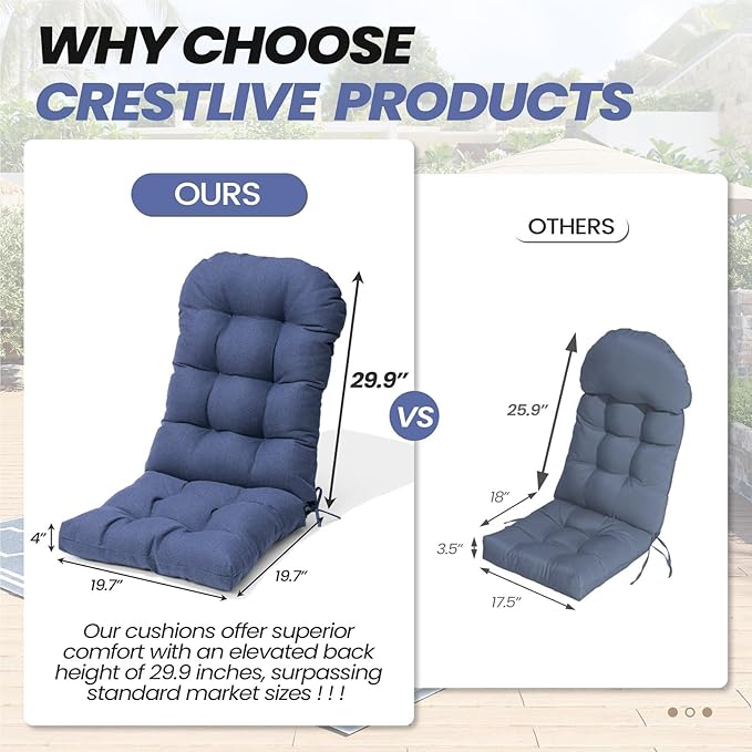 Crestlive Products Adirondack Chair Cushion Outdoor Rocking Chair Cushions Water & Fade Resistant 50x20x4 Inch High Back Patio Chair Cushions Set of 2 Thick Patio Replacement Cushion, Sky Blue
