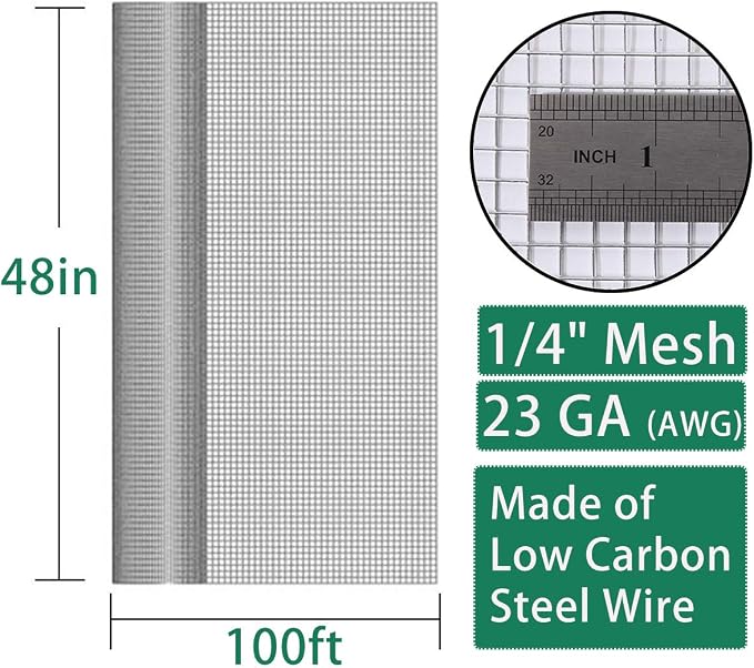 SEBOSS 1/4 inch Hardware Cloth 48 inch x 100 ft 23 Gauge, Hot-dip Galvanized After Welding, Galvanized Wire Mesh Roll Chicken Wire Fence Roll Gopher Mesh & Wire Cloth