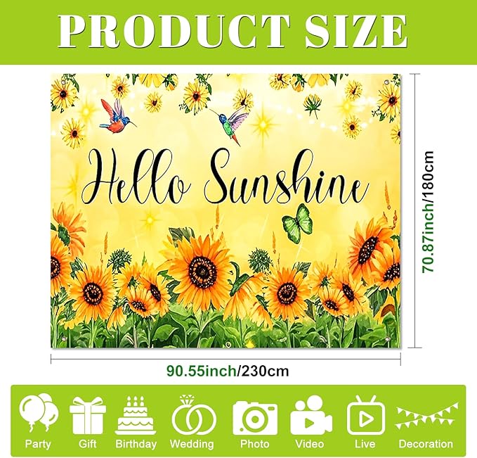 BlissYard Hello Sunshine Backdrop Decoration Sunflower Floral Banner 8x6ft Summer Spring Photo Backdrop Yellow Flower Background for Garden Party Photo Booth Seasonal Event Wall Display