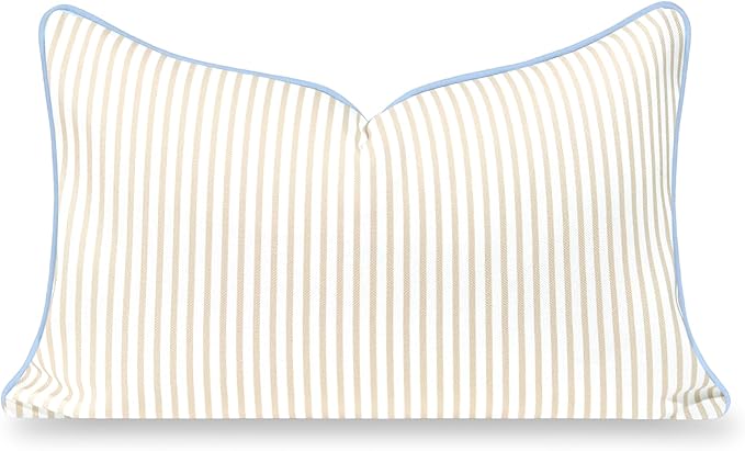 Hofdeco Premium Coastal Hampton Patio Indoor Outdoor Lumbar Pillow Cover Only, 12"x20" Water Repellent for Backyard, Couch, Poolside, Neutral Tan Blue Print Stripes